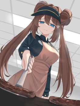 1girl apron bags_under_eyes black_shirt blue_eyes breasts brown_hair burger closed_mouth collared_shirt cooking donut_hair_bun double_bun food grill grilling hair_bun highres holding holding_spatula indoors long_hair long_sleeves nintendo pink_apron pokemon pokemon_bw2 revvie rosa_(pokemon) shirt solo spatula twintails visor_cap