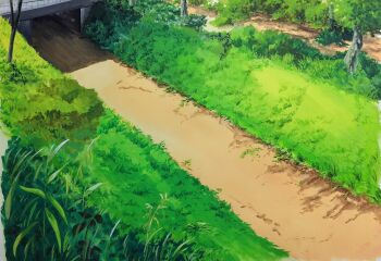 bridge bush commentary day dirt_road grass harusa1107 highres no_humans original painting_(medium) riverbank road scenery shadow sunlight symbol-only_commentary traditional_media tree watercolor_(medium)
