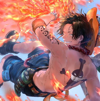 Rule 34 | 1boy, arm tattoo, back tattoo, bead necklace, beads, belt, belt buckle, black hair, black shorts, bracelet, buckle, commentary request, devil fruit power, fire, foot out of frame, freckles, from behind, hat, he yo boy1221, highres, jewelry, jolly roger, log pose, looking at viewer, looking back, male focus, necklace, one eye closed, one piece, orange hat, portgas d. ace, short hair, shorts, solo, tattoo, topless male, whitebeard pirates jolly roger