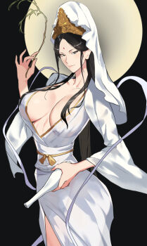 1girl bad_id bad_pixiv_id bindi black_background black_hair bottle breasts cleavage facial_mark forehead_mark guanyin hair_over_shoulder highres holding holding_bottle large_breasts long_hair mikazuki_shigure original smile solo tokkuri veil wide_sleeves
