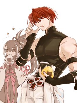 1boy 1girl absurdres bicep_strap black_eyes black_hair black_scarf chest_ribbon clothes_around_waist eating fate/grand_order fate_(series) food food_on_face haori harada_sanosuke_(fate) highres holding holding_food jacket jacket_around_waist japanese_clothes kawakami_gensai_(fate) kawakami_gensai_(first_ascension)_(fate) multicolored_hair multiple_scars nagatsuki_(huwamo9_8ku) onigiri ponytail red_hair rice rice_on_face scar scar_on_arm scarf streaked_hair toned toned_male white_background white_hair white_haori