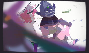 1girl bat_(animal) border bow coat crobat drill_hair drill_sidelocks fangs flipped_hair flying forehead_jewel fur_coat fur_jacket galarian_slowbro galarian_slowking gem gen_2_pokemon green_gemstone grey_border hair_bow hairband isutai jacket klara_(pokemon) looking_at_viewer motion_blur nintendo open_mouth pink_hair pokemon pokemon_(creature) pokemon_swsh print_shorts purple_thighhighs short_hair shorts sidelocks simple_background standing thighhighs two-tone_thighhighs upper_body white_background white_bow white_hairband yellow_eyes