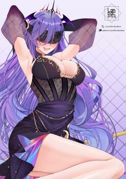1girl armpits arms_behind_head artist_logo black_dress blindfold breasts crescent dress earrings head_wings heart highres indie_virtual_youtuber jewelry landacdeus logo long_hair mythia_batford patreon_username purple_hair purple_wings solo tongue tongue_out twitter_username virtual_youtuber wings
