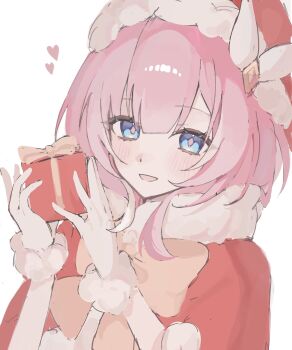 1girl alternate_costume cape christmas_present commentary cyrene_(honkai:_star_rail) cyrene_(philia093)_(honkai:_star_rail) gift gloves hair_ornament hat heart highres holding holding_gift honkai:_star_rail honkai_(series) looking_at_viewer pink_hair red_cape red_hat santa_cape santa_hat short_hair solo symbol-only_commentary toha_tm11 white_gloves winter_gloves