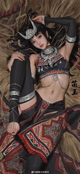 1girl absurdres armpits black_eyes black_hair black_nails black_shirt black_sleeves black_thighhighs breasts chinese_text closed_mouth clothing_request crop_top detached_sleeves earrings feet foot_out_of_frame from_above hay highres holding_own_leg jewelry long_hair looking_at_viewer lying medium_breasts mole mole_under_eye nail_polish navel neck_ring no_shoes on_back original pelvic_curtain realistic sang_delan shirt sleeveless sleeveless_shirt solo stirrup_legwear thighhighs tiara toe_ring toeless_legwear toenail_polish toenails toes translation_request watermark weibo_watermark