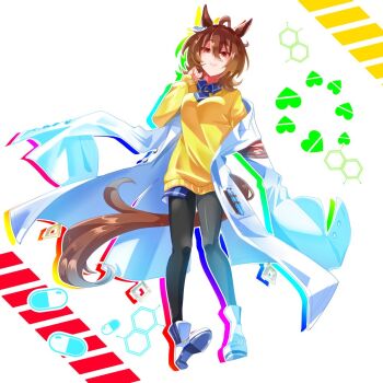 1girl agnes_tachyon_(tach-nology)_(umamusume) agnes_tachyon_(umamusume) ahoge animal_ears black_necktie black_pantyhose boots breasts brown_hair chemical_structure closed_mouth coat cork earrings hair_between_eyes heart horse_ears horse_girl horse_tail jewelry lab_coat long_sleeves looking_at_viewer medium_breasts morimoru413 necktie pantyhose pill red_eyes short_necktie single_earring sleeves_past_fingers sleeves_past_wrists smile solo sweater sweater_vest tail test_tube umamusume white_boots white_coat wolf_cut yellow_sweater yellow_sweater_vest