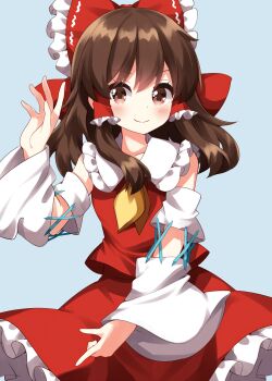 Rule 34 | 1girl, bare shoulders, blush, bow, brown eyes, brown hair, closed mouth, collared shirt, commentary request, cowboy shot, detached sleeves, frilled bow, frilled hair tubes, frilled shirt collar, frilled skirt, frills, hair bow, hair tubes, hakurei reimu, hand up, highres, looking at viewer, medium hair, necktie, red bow, red shirt, red skirt, ruu (tksymkw), shirt, sidelocks, simple background, skirt, skirt set, smile, solo, touhou, white sleeves, wide sleeves, yellow necktie