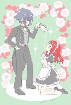 2girls alternate_costume apron black_dress black_shoes blue_hair blush bocchi_the_rock! bow butler coattails crossdressing crossdressing_(ftm) dress dress_shoes enmaided female_butler flower formal_clothes frilled_apron frilled_dress frills green_background hair_ornament kita_ikuyo long_hair long_sleeves lovex2randaisukihonekko maid maid_apron maid_headdress mole mole_under_eye multiple_girls open_mouth pant_suit pants pouring pouring_onto_another puffy_short_sleeves puffy_sleeves red_hair rose shirt shoes short_hair short_sleeves side_ponytail skirt smile smirk sparkle suit tailcoat tea teapot tray tuxedo vest waist_apron white_apron white_shirt wrist_cuffs yamada_ryo yellow_eyes