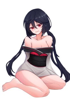 1girl absurdres allen_m._sumner_(azur_lane) azur_lane bare_shoulders barefoot black_hair breasts cleavage collarbone commission highres japanese_clothes kimono light_blush long_hair looking_at_viewer low_twintails medium_breasts notporred pixiv_commission red_eyes simple_background solo sweatdrop toes twintails white_background white_kimono