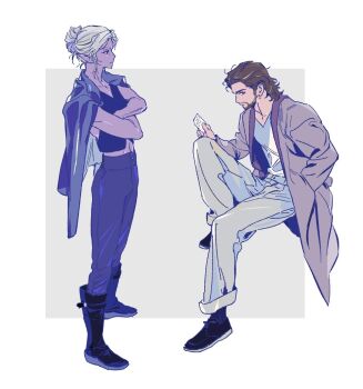 Rule 34 | 1boy, 1girl, alternate costume, baldur's gate, baldur's gate 3, beard, black footwear, blonde hair, blue jacket, blue pants, boots, border, brown coat, brown hair, coat, colored skin, contemporary, crossed arms, dungeons & dragons, elf, facial hair, full moon, gale (baldur's gate), grey background, hair bun, hand in pocket, highres, holding, holding paper, invisible chair, jacket, jacket on shoulders, knee boots, knee up, looking at viewer, minthara, moon, open clothes, open coat, outside border, pants, paper, pointy ears, purple skin, s2 gp, shirt, short hair, simple background, single hair bun, sitting, standing, white border, white pants, white shirt