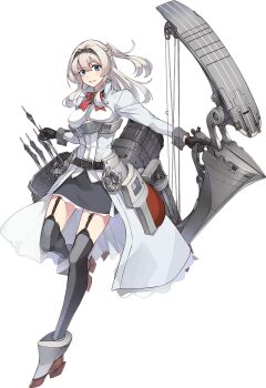 1girl arrow_(projectile) bad_link belt black_belt black_gloves black_skirt blue_eyes bow bow_(weapon) breasts compound_bow flower full_body garter_straps glorious_(kancolle) gloves grey_hair grey_thighhighs jacket kantai_collection konishi_(koconatu) machinery medium_breasts military_uniform official_art one_side_up parted_lips quiver red_bow red_flower red_rose rose skirt smile smokestack solo thighhighs tiara transparent_background weapon white_jacket