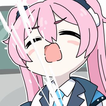 1girl ayanami_barrage_(meme) blue_archive blue_necktie blush_stickers chiitara_(ghay3h) closed_eyes furrowed_brow halo highres koyuki_(blue_archive) meme necktie open_mouth pink_hair pink_halo solo suggestive_fluid twintails