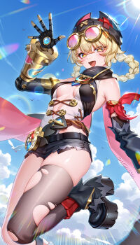 1girl black_boots black_hat black_shorts black_thighhighs blonde_hair blue_sky boots braid braided_hair_rings cloud cloudy_sky detached_sleeves eyewear_on_head fang fine_fabric_emphasis genshin_impact goggles goggles_on_head hair_between_eyes hair_rings hat highres jahoda_(genshin_impact) lightria long_sleeves looking_at_viewer mechanical_arms open_mouth outdoors red_socks shorts single_mechanical_arm single_thighhigh skindentation sky smile socks socks_over_thighhighs solo star-shaped_pupils star_(symbol) symbol-shaped_pupils thighhighs thighs torn_clothes torn_thighhighs yellow_eyes