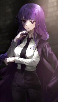 Rule 34 | 1girl, absurdres, alternate costume, black necktie, black pants, blunt bangs, blurry, blurry background, braid, brick wall, coat, collared shirt, commentary, english commentary, formal clothes, genshin impact, hand on own chin, head tilt, highres, long braid, long hair, long sleeves, looking at viewer, mole, mole under eye, necktie, open clothes, open coat, outdoors, pants, purple coat, purple eyes, purple hair, raiden shogun, research (rsrh), shade, shadow, shirt, single braid, solo, standing, suit, upper body, white shirt