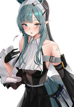 1girl absurdres arknights arknights:_endfield bare_shoulders black_gloves black_sleeves blue_eyes blush breasts collarbone commentary detached_sleeves gloves green_hair hand_up headscarf highres long_hair long_sleeves looking_at_viewer medium_breasts multicolored_eyes parted_lips pointy_ears pynkmouth see-through_clothes simple_background solo two-tone_eyes white_background white_sleeves wide_sleeves xaihi_(arknights) yellow_eyes