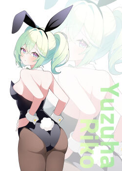 Rule 34 | 1girl, absurdres, animal ear hairband, animal ears, ass, black leotard, black pantyhose, blue eyes, bow, bowtie, character name, collar, commentary request, detached collar, fake animal ears, from behind, gradient eyes, green bow, green bowtie, green hair, hairband, hands on own hips, highres, kimheehee, korean commentary, leotard, looking at viewer, looking back, multicolored eyes, multicolored hair, pantyhose, playboy bunny, pout, purple eyes, rabbit ears, rabbit tail, solo, stellive, streaked hair, tail, twintails, virtual youtuber, white collar, white hair, white wrist cuffs, wrist cuffs, yuzuha riko, zoom layer