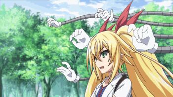 10s 2girls animated animated_gif anime_screenshot bandages black_hair blonde_hair blush breast_press breasts cleavage curvy cyborg grabbing_another&#039;s_breast green_eyes groping hat hip_focus hizuki_ayana hizuki_touko hoods_entertainment huge_breasts huge_nipples jacket kagaku_na_yatsura kuze_airi lab_coat long_hair lowres mechanical_arms multigrope multiple_girls nipples nozaki_masaya outdoors puffy_nipples purple_hair ribbon short_shorts shorts thick_thighs thighs very_long_hair wide_hips