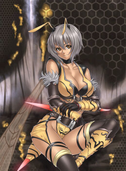 1girl antennae arthropod_girl bee_girl breasts cleavage female_focus highres honeycomb_(pattern) honeycomb_background honeycomb_pattern houtengeki insect_girl insect_wings large_breasts monster_girl original short_hair silver_hair solo thighhighs wings yellow_eyes