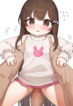 1boy 1girl absurdres baigaoji blush brown_eyes brown_hair censored commentary_request commission freehoney hair_ornament hetero highres imminent_penetration loli long_hair long_sleeves mosaic_censoring original paid_reward_available penis pink_skirt pixiv_commission pov simple_background skirt sweater white_background white_sweater
