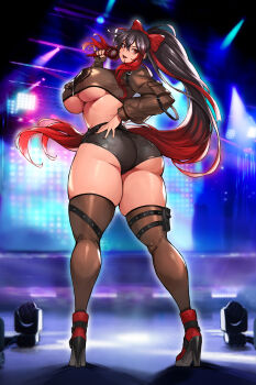 1girl absurdres arm_up ass black_hair black_pants blush breasts brown_jacket colored_eyelashes colored_sidelocks curly_sidelocks double-parted_bangs fingerless_gloves floating_hair gloves gurimjang hair_ornament hand_on_own_hip hand_up high_heels high_ponytail highres indoors jacket long_hair looking_at_viewer microphone multicolored_hair open_mouth pants pinky_out ponytail red_eyes red_hair red_lips red_ribbon ribbon shadow sidelocks solo stage thick_lips thighhighs thighs underboob variant_set