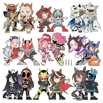 6+boys 6+girls absurdres admire_vega_(umamusume) animal_ears black_hair brown_hair cheval_grand_(umamusume) cup ear_covers gold_ship_(umamusume) haru_urara_(umamusume) highres holding holding_cup holding_sword holding_weapon horse_ears horse_tail kamen_rider kamen_rider_01_(series) kamen_rider_den-o kamen_rider_den-o_(series) kamen_rider_ex-aid kamen_rider_ex-aid_(series) kamen_rider_gavv kamen_rider_gavv_(series) kamen_rider_ghost kamen_rider_ghost_(series) kamen_rider_zero-one kamen_rider_zi-o_(series) looking_at_viewer manhattan_cafe_(umamusume) multiple_boys multiple_girls nice_nature_(umamusume) ohma_zi-o okisurya70 pink_eyes pink_hair purple_eyes smile special_week_(umamusume) sword symboli_rudolf_(umamusume) tail tokusatsu umamusume weapon white_background yellow_eyes