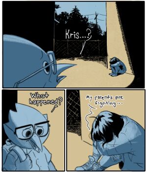 1boy ? aged_down animal_ears beak berdly_(deltarune) blonde_hair deltarune furry glasses holding kris_(deltarune) long_hair shirt shoes simple_background smile teeth tree utdr_(toby_fox) vikun