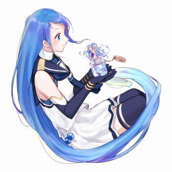 2girls black_gloves black_sailor_collar black_thighhighs blue_eyes blue_hair blue_neckerchief blush commentary_request crossover detached_sleeves elbow_gloves from_side gloves gradient_hair holding holding_jar in_container jar kantai_collection liquid_hair long_hair merc_(merc_storia) merc_storia mini_person multicolored_hair multiple_girls myuu_(hellomagic) neckerchief open_mouth profile sailor_collar samidare_(kancolle) school_uniform serafuku simple_background skirt sleeveless thighhighs very_long_hair white_background white_skirt