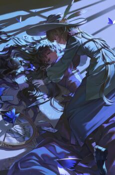 2girls absurdres all_fours arms_around_neck black_hair black_hat black_shoes black_skirt blue_butterfly bow broken_mirror brown_hair bug butterfly dress eye_contact face-to-face feathers flower glasses gloves green_feathers green_hat green_jacket grin hair_bow hair_spread_out hashtag-only_commentary hat hat_feather hat_flower highres insect isolde_(reverse:1999) jacket kakania_(reverse:1999) long_dress long_hair long_skirt looking_at_another low_ponytail lying mirror moonlight multiple_girls on_back on_floor pinned ponytail purple_dress purple_eyes reverse:1999 rose shoes skirt smile sweat unworn_hat unworn_headwear very_long_hair white_gloves window_shadow yellow_bow yellow_flower yellow_rose yuckpo_(jerky_55) yukadon yuri