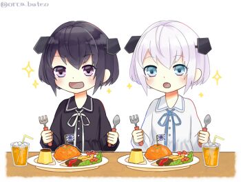 Rule 34 | 10s, 2girls, abyssal ship, abyssal twin princess (black), black dress, black eyes, black hair, blue eyes, dress, drink, flag, food, fork, glass, headgear, kantai collection, multiple girls, night strait princess (white), okosama lunch, open mouth, pudding, rice, short hair, spoon, tempura, twitter username, white dress, white hair, yamashichi (mtseven)