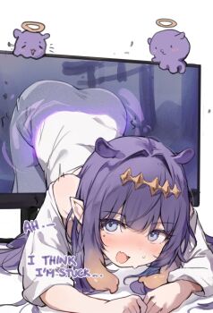 1girl :d ass averting_eyes blue_eyes blunt_bangs blush center-flap_bangs commentary diamond_hairband dress fang ghost_costume gradient_hair hairband highres hololive hololive_english long_hair long_sleeves mole mole_under_eye monitor multicolored_hair ninomae_ina&#039;nis open_mouth orange_hair orange_hairband orobou pointy_ears purple_hair sidelocks simple_background skin_fang smile symbol-only_commentary takodachi_(ninomae_ina&#039;nis) tentacle_hair three-quarter_sleeves through_medium through_screen top-down_bottom-up virtual_youtuber white_background white_dress