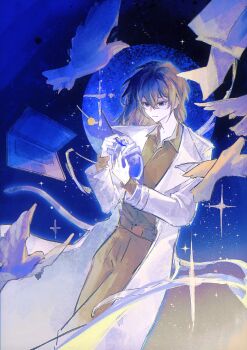 1girl absurdres bird black_eyes black_hair black_shirt blue_theme candy coat collared_shirt computer dove falling feet_out_of_frame floating food han_sooyoung heart_(organ) highres holding_heart_(organ) laptop lollipop long_hair official_alternate_costume omniscient_reader&#039;s_viewpoint open_clothes open_coat shirt short_hair solo sparkle sqtaya1 white_coat