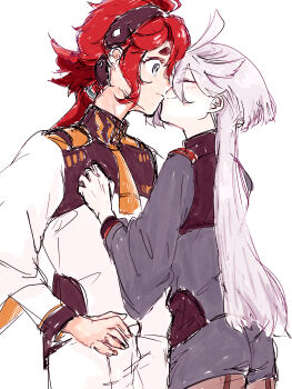 2girls absurdres asticassia_school_uniform black_hairband blue_eyes blush closed_eyes closed_mouth commentary_request green_jacket green_shorts gundam gundam_suisei_no_majo hairband hand_on_another&#039;s_chest highres jacket kiss kusakayosituki1 long_hair miorine_rembran multiple_girls pantyhose red_hair school_uniform shorts simple_background smile suletta_mercury thick_eyebrows white_background white_hair white_jacket white_shorts yuri