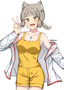 Rule 34 | 1girl, animal ear fluff, animal ears, breasts, cat ears, cat girl, cleavage, collarbone, commentary, facial mark, fang, grey hair, highres, jacket, large breasts, meidza d, nia (xenoblade), open clothes, open jacket, shirt, shorts, simple background, sleeveless, sleeveless shirt, smile, solo, standing, v, whisker markings, white background, white jacket, xenoblade chronicles (series), xenoblade chronicles 2, yellow shirt, yellow shorts