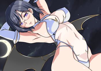 1girl armpits arms_behind_head bat_wings black_hair blush breasts cleavage cosplay covered_navel curvy futaba_lili_ramses glasses half-closed_eyes highres konori_mii large_breasts legs leotard looking_at_viewer moon navel night pink_lips purple_eyes seductive_gaze seductive_smile see-through_clothes sideboob smile solo teeth tentacle_and_witches thick_thighs thighs toaru_kagaku_no_railgun toaru_majutsu_no_index wings