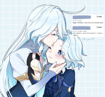 2girls ahoge ascot blue_ascot blue_eyes blue_gem blue_hair blue_jacket commentary drop-shaped_pupils eyelash_ornament focalors_(genshin_impact) forehead furina_(genshin_impact) gem genshin_impact highres jacket juliet_sleeves kiss kissing_forehead long_hair long_sleeves multicolored_hair multiple_girls parted_bangs puffy_sleeves symbol-only_commentary symbol-shaped_pupils takura_0103 white_hair