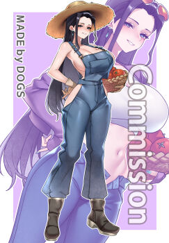 1girl absurdres armpits artist_name basket black_boots black_hair black_shoes blue_eyes boots breasts cleavage commentary_request commission crop_top dogs_(dlrkdejr26) eyewear_on_head from_side full_body high_heels highres holding holding_basket korean_commentary large_breasts long_hair looking_at_viewer multiple_views naked_overalls navel nico_robin one_piece open_fly open_mouth orange-tinted_eyewear overalls shirt shoes smile stiletto_heels stomach tinted_eyewear tomato white_shirt