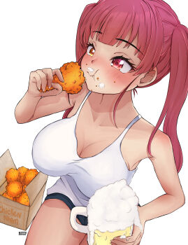 1girl absurdres alcohol beer beer_mug breasts chicken_(food) cup eating food fried_chicken highres hololive houshou_marine kittenkippers large_breasts mug sitting twintails virtual_youtuber