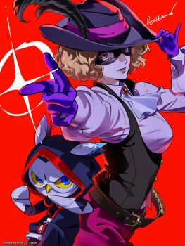 1boy 1girl ascot belt belt_buckle bird black_belt black_hat black_mask blue_eyes brooch brown_eyes brown_hair buckle colored_sclera commentary domino_mask english_commentary eye_mask gloves hat highres hood hood_up jewelry long_sleeves looking_at_viewer lufel_(p5x) mask masked noir_(persona_5) official_art okumura_haru owl persona persona_5 persona_5:_the_phantom_x pointing purple_gloves red_background roru_(lol_dessin) second-party_source short_hair signature simple_background white_ascot yellow_sclera