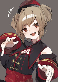 1girl :d bare_shoulders black_dress brown_eyes brown_hair chinese_clothes commentary_request detached_sleeves double_bun dress fang grey_background hair_bun hat higa_(gominami) highres jiangshi_costume long_sleeves looking_at_viewer natori_sana natori_sana_(jiangshi) open_mouth qingdai_guanmao sana_channel short_hair simple_background smile solo upper_body virtual_youtuber