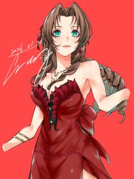 1girl aerith_gainsborough aerith_gainsborough_(red_dress) armlet back_bow bare_shoulders bow breasts brown_hair cleavage commentary_request cowboy_shot crazy02oekaki cropped_arms dated dress final_fantasy final_fantasy_vii final_fantasy_vii_remake flamenco_dress flower gold_armlet gold_necklace green_eyes hair_flower hair_ornament hair_ribbon highres jewelry light_smile long_hair looking_at_viewer medium_breasts multiple_necklaces necklace official_alternate_costume official_alternate_hairstyle parted_bangs pink_lips ponytail red_background red_dress red_flower red_ribbon ribbon ringlets side_slit sidelocks signature solo star_(symbol) star_necklace strapless strapless_dress