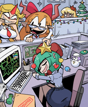 aki_shizuha alternate_costume angry ass bespectacled blonde_hair blunt_bangs bow chair character_snowman christmas christmas_lights christmas_ornaments christmas_star christmas_tree collared_shirt commentary computer drooling english_commentary fang front_ponytail glasses green_hair grin hair_bow high-waist_skirt highres horns hoshiguma_yuugi ibuki_suika kagiyama_hina kawashiro_nitori kevin_arthur letty_whiterock long_hair mini_snowman monitor mouth_drool necktie no_nose o_o office office_chair office_lady orange_hair papers pencil_skirt pointy_ears prank red_bow red_eyes red_necktie sharp_teeth shirt single_horn skirt sleeping sleeves_rolled_up smile squeans sticky_note swivel_chair teeth touhou white_shirt wide_hips
