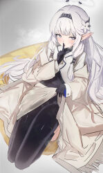 Rule 34 | 1girl, barefoot, black gloves, black hairband, black leggings, blue archive, blush, chinese commentary, covered navel, dress, full body, gloves, grey halo, hair tubes, hairband, halo, highres, himari (blue archive), index finger raised, jacket, leggings, long hair, long sleeves, looking at viewer, mole, mole under eye, open mouth, pointy ears, purple eyes, sidelocks, solo, striped clothes, striped hairband, white dress, white hair, white jacket, wiersa