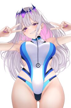 1girl blue_one-piece_swimsuit breasts colored_inner_hair double_v gluteal_fold grey_hair hands_up highleg highleg_one-piece_swimsuit highres hololive hololive_english jewel_under_eye koseki_bijou large_breasts looking_at_viewer multicolored_hair multicolored_swimsuit one-piece_swimsuit pink_hair purple_eyes purple_nails si_farid simple_background solo swimsuit teeth v virtual_youtuber white_background white_one-piece_swimsuit