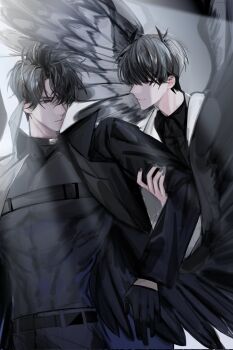 Rule 34 | 2boys, abs, black coat, black gloves, black hair, black nails, black shirt, black wings, chest belt, coat, cowboy shot, feathered wings, gloves, grabbing another's arm, hayu beck, highres, kim dokja, light rays, looking at another, male focus, multiple boys, narrowed eyes, official alternate costume, omniscient reader's viewpoint, open clothes, open coat, popped collar, shirt, short hair, sidelighting, toned, toned male, white coat, wings, yoo joonghyuk