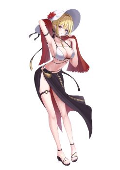 1girl absurdres alternate_costume arm_behind_head arm_strap armpits bikini black_sandals blonde_hair breasts cleavage evelyn_chevalier flower full_body hashtag-only_commentary hat hat_flower highres large_breasts leaning_forward looking_at_viewer navel o-ring o-ring_thigh_strap parted_lips sandals shirt solo standing stomach sun_hat swimsuit thigh_strap white_background white_bikini white_hat youngtatatak zenless_zone_zero