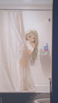 1girl bathroom bathtub blonde_hair blurry blurry_foreground blush chi_(luckyeric320) completely_nude covering_privates depth_of_field flat_chest full_body gakuen_idolmaster hand_up highres idolmaster indoors long_hair looking_at_viewer nude nude_cover open_mouth orange_eyes parted_bangs peeking_out shinosawa_hiro shower_(place) shower_curtain shower_head showering soap_bottle solo standing tile_wall tiles very_long_hair wet wet_hair