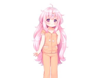 1girl :o ahoge blue_bow blush bow collarbone crossed_bangs feet_out_of_frame game_cg hair_bow hand_up harem_futago_lolita hood hood_down hoodie large_variant_set long_hair non-web_source open_mouth orange_hoodie orange_pajamas orange_pants pajamas pants pink_eyes pink_hair pom_pom_(clothes) short_sleeves simple_background solo standing tomari_(harem_futago_lolita) transparent_background usashiro_mani variant_set