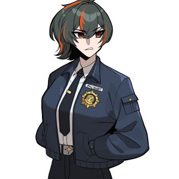 Rule 34 | 1girl, black hair, black necktie, black pants, blue jacket, commentary, english commentary, hair between eyes, hands in pockets, highres, jacket, looking to the side, multicolored hair, necktie, orange streaks, pants, parted lips, police, police badge, police uniform, policewoman, ponytail, red eyes, red hair, shirt, shirt tucked in, simple background, solo, streaked hair, upper body, white background, white shirt, zenicia art, zenless zone zero, zhu yuan