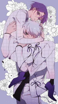 black_shirt blue_lock commentary_request flower hand_in_another's_hair hand_on_another's_leg highres jacket kamuhina light_blush looking_at_viewer male_focus mikage_reo nagi_seishirou pants patterned_clothing purple_background purple_hair purple_shoes shirt shoes short_hair simple_background white_hair white_jacket white_pants yaoi