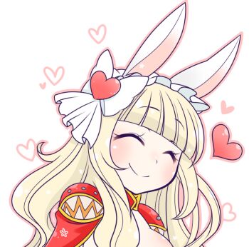 Rule 34 | 1girl, animal ears, blonde hair, blunt bangs, blush, bow, breasts, cape, closed eyes, closed mouth, commentary request, creator (ragnarok online), hair bow, hair ornament, heart, heart hair ornament, large breasts, long hair, oekakipikki, portrait, rabbit ears, rabbit girl, ragnarok online, red cape, simple background, smile, solo, white background, white bow